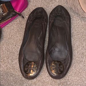 Tory Burch Riva Ballet Flats Logo Brown leather